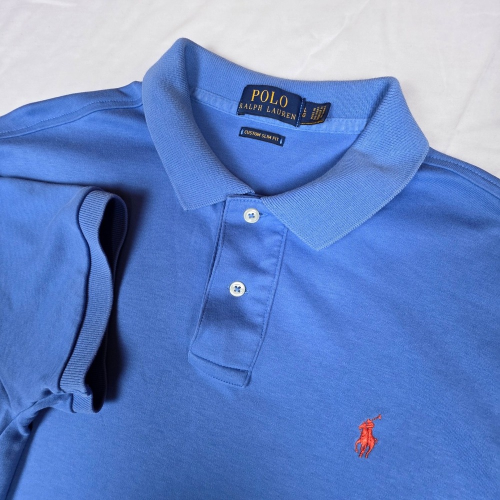 Polo Ralph Lauren Mens Custom Slim Fit Polo Shirt Blue Orange Pony Large